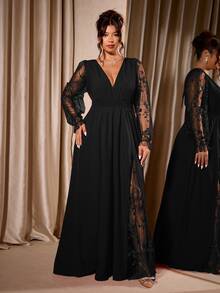 Cravure Plus Size Women's Elegant Deep V-Neck Lace Patchwork Long Sleeve High Slit Maxi Dress,Black,Summer,Formal,Evening,Night For Wedding Party Graduation - Black - View 4