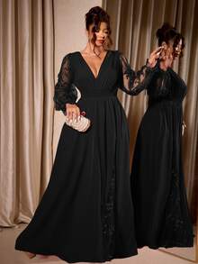 Cravure Plus Size Women's Elegant Deep V-Neck Lace Patchwork Long Sleeve High Slit Maxi Dress,Black,Summer,Formal,Evening,Night For Wedding Party Graduation - Black - View 5