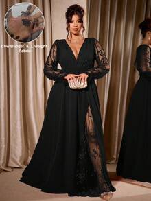 Cravure Plus Size Women's Elegant Deep V-Neck Lace Patchwork Long Sleeve High Slit Maxi Dress,Black,Summer,Formal,Evening,Night For Wedding Party Graduation - Black - View 1