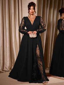 Cravure Plus Size Women's Elegant Deep V-Neck Lace Patchwork Long Sleeve High Slit Maxi Dress,Black,Summer,Formal,Evening,Night For Wedding Party Graduation - Black - View 7