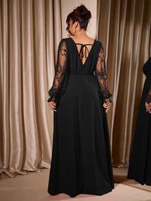 Cravure Plus Size Women's Elegant Deep V-Neck Lace Patchwork Long Sleeve High Slit Maxi Dress,Black,Summer,Formal,Evening,Night For Wedding Party Graduation - Black - View 2