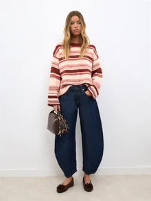 Nöista Soft Striped Crewneck Knit Sweater With A Relaxed Fit, Perfect For Seasonal Autum Winter Layering.. - Red - View 4