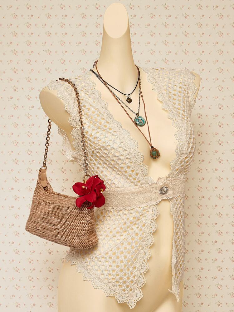 SHEIN ICON Women Western Boho Cute White Vacation Country Going Out Sexy Sheer Solid Color Contrast Lace Sleeveless Open Front Blouse - Apricot - View 3