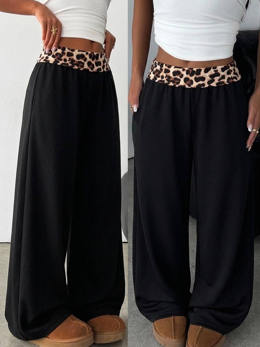 SHEIN Teen Girls Leopard Print Patchwork Black Loose Sweatpants Casual Daily Versatile Store Visit Sister Photo Shoot Autumn/Winter New - Black - View 1