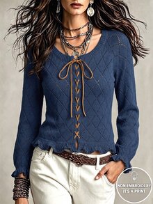 Franclia Fashionable Blogger-Inspired Stylish Colorblock Lace-Up Hollow Floral Fringe Pullover Sweater, European & American New Arrival Royal Blue Medieval - Navy Blue - View 3