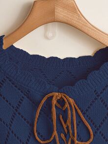 Franclia Fashionable Blogger-Inspired Stylish Colorblock Lace-Up Hollow Floral Fringe Pullover Sweater, European & American New Arrival Royal Blue Medieval - Navy Blue - View 5