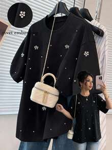 GlowEve CURVE Women's Plus Size Rhinestone Decorated Round Neck Loose Casual Elegant Short Sleeved Black T-Shirt, Summer Plus Size Casual Black T-Shirt. - Black - View 1