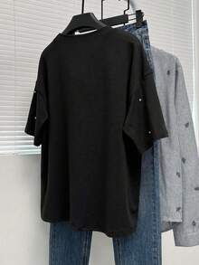 GlowEve CURVE Women's Plus Size Rhinestone Decorated Round Neck Loose Casual Elegant Short Sleeved Black T-Shirt, Summer Plus Size Casual Black T-Shirt. - Black - View 2