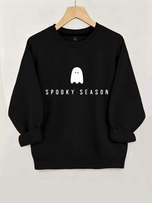 SHEIN LUNE Women's Casual Halloween-Print Crew-Neck Long-Sleeve Sweatshirt – Street-Style Autumn/Winter Design. - Black - View 1
