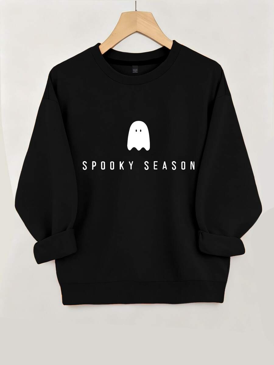 SHEIN LUNE Women's Casual Halloween-Print Crew-Neck Long-Sleeve Sweatshirt – Street-Style Autumn/Winter Design. - Black - View 1