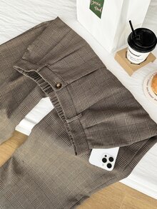 SHEIN EZwear 大码女式褶皱口袋休闲格子裤，秋冬 - 米色 - 查看 3