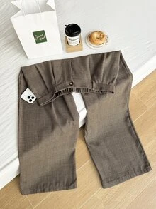 SHEIN EZwear 大码女式褶皱口袋休闲格子裤，秋冬 - 米色 - 查看 5