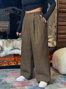 SHEIN EZwear 大码女式褶皱口袋休闲格子裤，秋冬 - 米色 - 查看 10