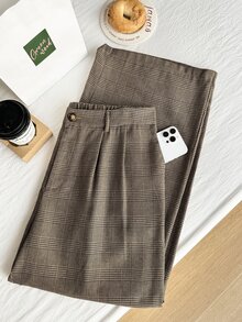 SHEIN EZwear 大码女式褶皱口袋休闲格子裤，秋冬 - 米色 - 查看 4