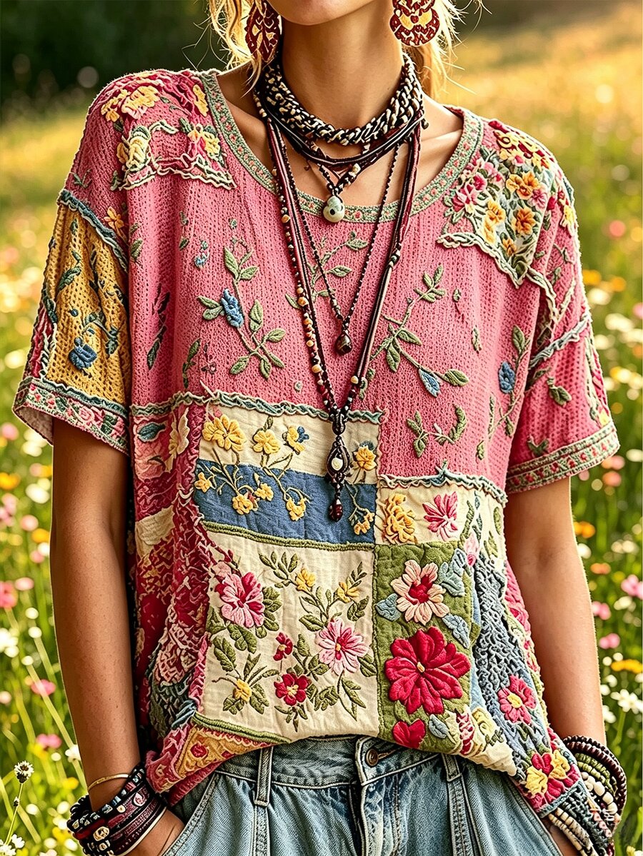 Selamara Boho Patchwork Floral Short Sleeve Tee Vintage Raw Edge Loose Crew Neck Top - Multicolor - View 1