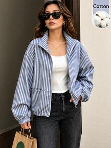 Cévolie Blue And White Print Zip Up Drop Shoulder Lightweight Jacket Everyday Autumn Coastal Casual - Navy Blue - View 1