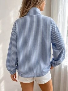 Cévolie Blue And White Print Zip Up Drop Shoulder Lightweight Jacket Everyday Autumn Coastal Casual - Navy Blue - View 2