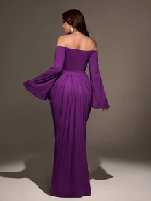 Viva Relle Vintage Deep Purple Off-Shoulder Evening Gown, High Waist Twisted Ruched Bodycon Long Dress With Rhinestone Embellishment, Cinched Waist Mermaid Tail Style - Purple - View 2