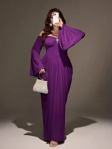 Viva Relle Vintage Deep Purple Off-Shoulder Evening Gown, High Waist Twisted Ruched Bodycon Long Dress With Rhinestone Embellishment, Cinched Waist Mermaid Tail Style - Purple - View 4