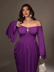 Viva Relle Vintage Deep Purple Off-Shoulder Evening Gown, High Waist Twisted Ruched Bodycon Long Dress With Rhinestone Embellishment, Cinched Waist Mermaid Tail Style - Purple - View 5