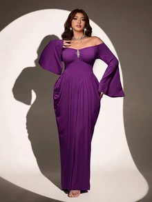 Viva Relle Vintage Deep Purple Off-Shoulder Evening Gown, High Waist Twisted Ruched Bodycon Long Dress With Rhinestone Embellishment, Cinched Waist Mermaid Tail Style - Purple - View 8