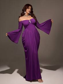 Viva Relle Vintage Deep Purple Off-Shoulder Evening Gown, High Waist Twisted Ruched Bodycon Long Dress With Rhinestone Embellishment, Cinched Waist Mermaid Tail Style - Purple - View 6