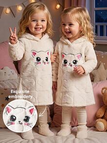 SHEIN Baby Girl Knitted Cute Pattern Faux Fur Hooded Casual Autumn Winter Dress - Beige - View 5