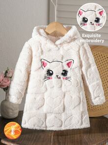 SHEIN Baby Girl Knitted Cute Pattern Faux Fur Hooded Casual Autumn Winter Dress - Beige - View 1