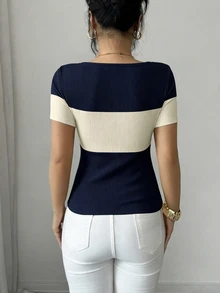 Selianne Women's Summer Casual Color Block Patchwork T-Shirt - Navy Blue - View 2