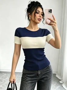 Selianne Women's Summer Casual Color Block Patchwork T-Shirt - Navy Blue - View 4