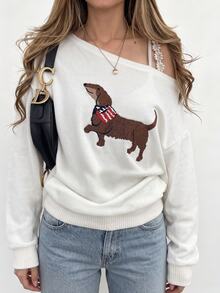 Sundraya Women's Dachshund Embroidery Asymmetric Collar Top - White - View 3