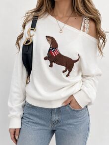 Sundraya Women's Dachshund Embroidery Asymmetric Collar Top - White - View 4