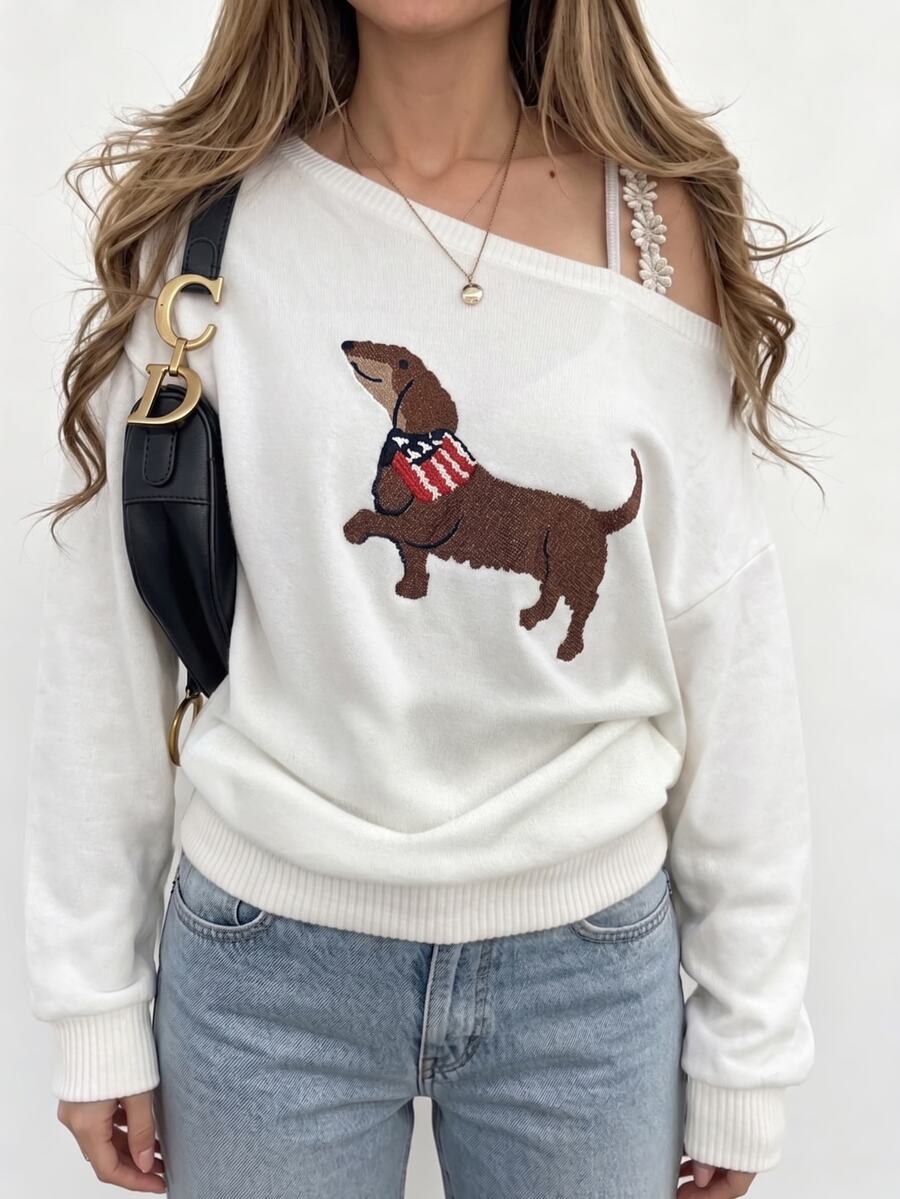 Sundraya Women's Dachshund Embroidery Asymmetric Collar Top - White - View 1
