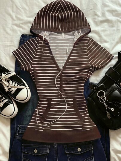 IslaSuriya Women's Striped Short Sleeve Casual Hooded T-Shirt