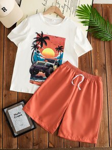 SHEIN Vacaura 两件套男童棕榈树印花短袖T恤和纯色短裤套装，适合休闲、度假、运动和夏季穿着。 - 彩色 - 查看 9