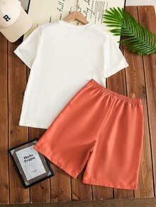 SHEIN Vacaura 两件套男童棕榈树印花短袖T恤和纯色短裤套装，适合休闲、度假、运动和夏季穿着。 - 彩色 - 查看 4