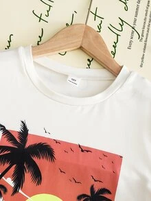SHEIN Vacaura 两件套男童棕榈树印花短袖T恤和纯色短裤套装，适合休闲、度假、运动和夏季穿着。 - 彩色 - 查看 5