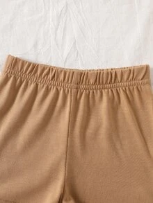 SHEIN 2件/套 新生男嬰休閒夏季套裝 黑白條紋亨利領華夫格針織上衣&彈性腰短褲 親子搭配禮物 0-9個月 - 棕色 - 查看 9