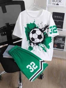 SHEIN Boys' Colorblock Basketball Print Short Sleeve T-Shirt And Shorts 2 Pieces Set, Energetic Graphic Street Sports Outfit For Casual Jogging White Summer - Green - View 9