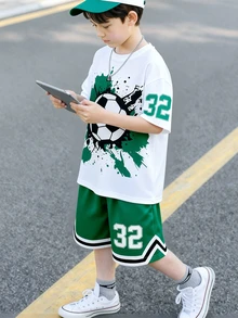 SHEIN Boys' Colorblock Basketball Print Short Sleeve T-Shirt And Shorts 2 Pieces Set, Energetic Graphic Street Sports Outfit For Casual Jogging White Summer - Green - View 10