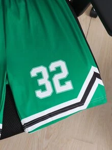 SHEIN Boys' Colorblock Basketball Print Short Sleeve T-Shirt And Shorts 2 Pieces Set, Energetic Graphic Street Sports Outfit For Casual Jogging White Summer - Green - View 7