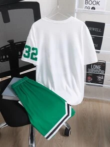 SHEIN Boys' Colorblock Basketball Print Short Sleeve T-Shirt And Shorts 2 Pieces Set, Energetic Graphic Street Sports Outfit For Casual Jogging White Summer - Green - View 3