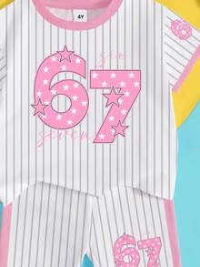 2件套，适合4-7岁女童，条纹+星星字母印花短袖T恤和短裤，轻便运动休闲套装，适合日常穿着、上学、休闲、春夏秋季。 - 彩色 - 查看 8