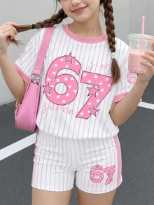 2件套，适合4-7岁女童，条纹+星星字母印花短袖T恤和短裤，轻便运动休闲套装，适合日常穿着、上学、休闲、春夏秋季。 - 彩色 - 查看 4