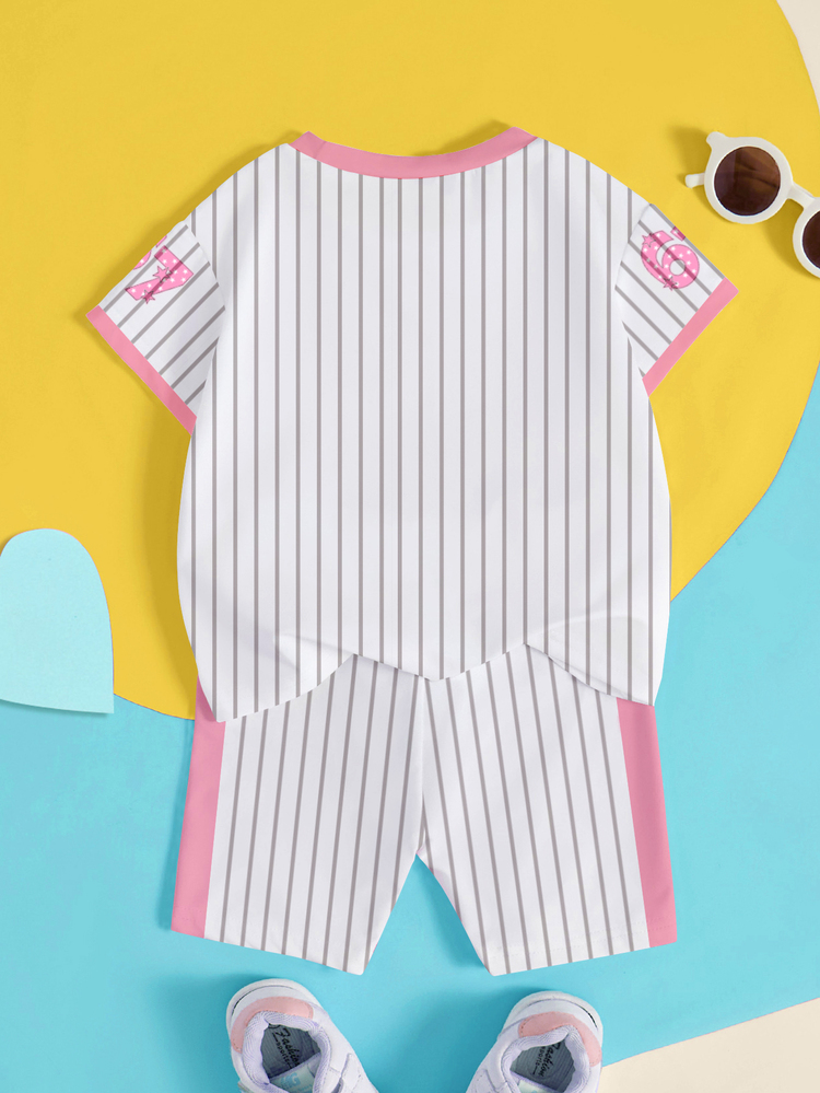 2pcs/Set 4-7 Years Old Girls Toddler Striped,Star Letter Print Short Sleeve T-Shirt And Shorts,Summer Lightweight Sporty & Casual Outfit For School - Multicolor - View 3