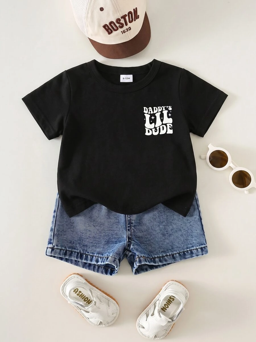 Baby Boy Casual Alt Text Print Short Sleeve T-Shirt, Summer Holiday Party Black And White