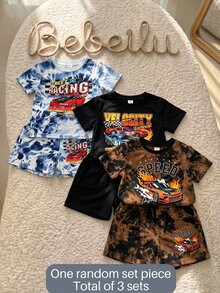 3 Set Vintage Alt Racing Car Print Boys' Summer Short Sleeve T-Shirt And Shorts Set Black And White Casual Graduation Evening Back-To-School - Multicolor - View 2