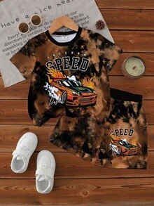 3 Set Vintage Alt Racing Car Print Boys' Summer Short Sleeve T-Shirt And Shorts Set Black And White Casual Graduation Evening Back-To-School - Multicolor - View 7