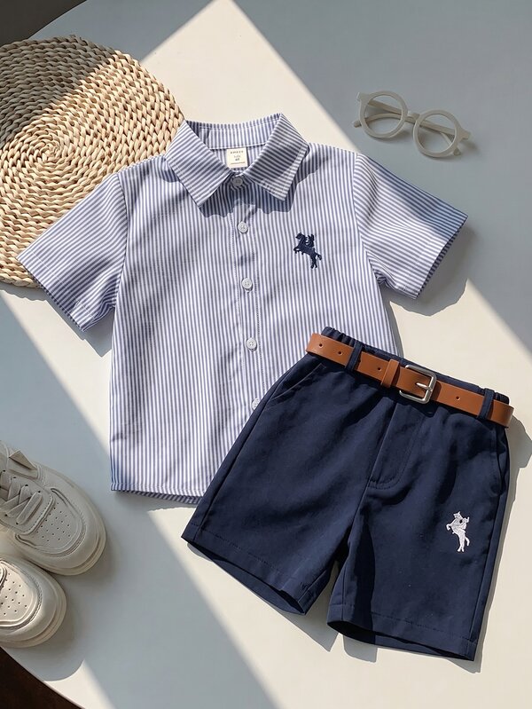 2pcs Young Boy Gentleman Outfit,Stripe Blue Embroidered Horse Polo ShirtSuit Shorts With Belt,White,Career Day,Back-To-School,Wedding,Party Autumn