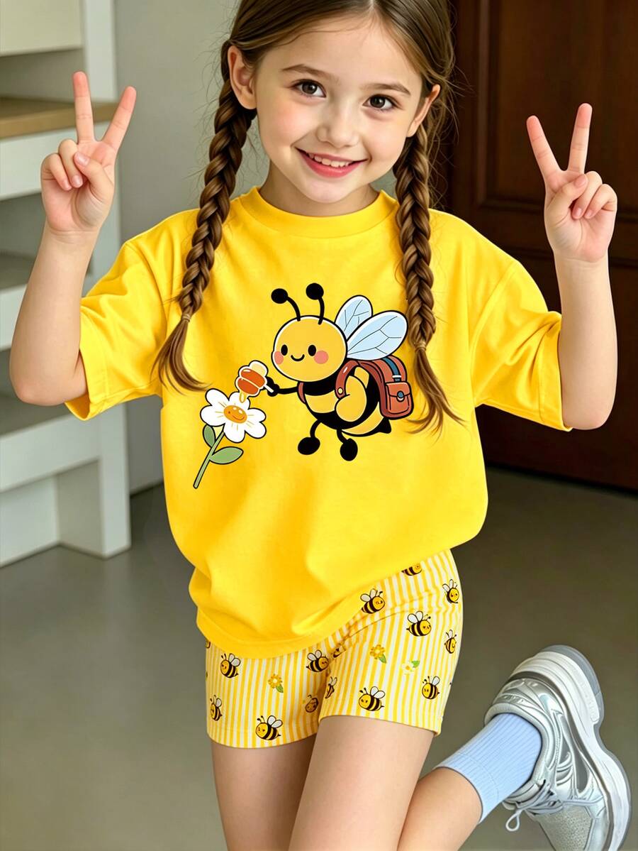 小女孩卡通印花短袖T恤搭配条纹短裤,休闲日常穿搭 - 彩色 - 查看 1